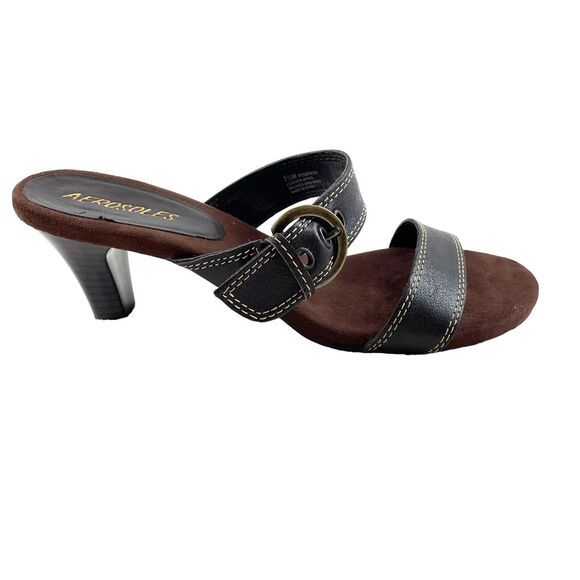 Aerosoles Powpaya Black Leather Sandals Shoes Heels Adjstble Strap w/Box sz 7M - Picture 2 of 10